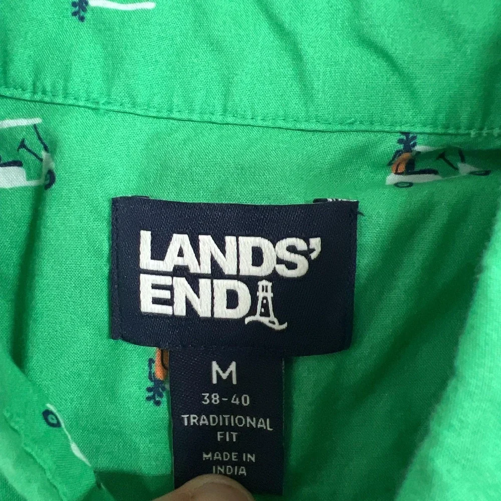 Lands End Shirt Mens M Green Golf Cart Print Short Sleeve Button Traditional Fit